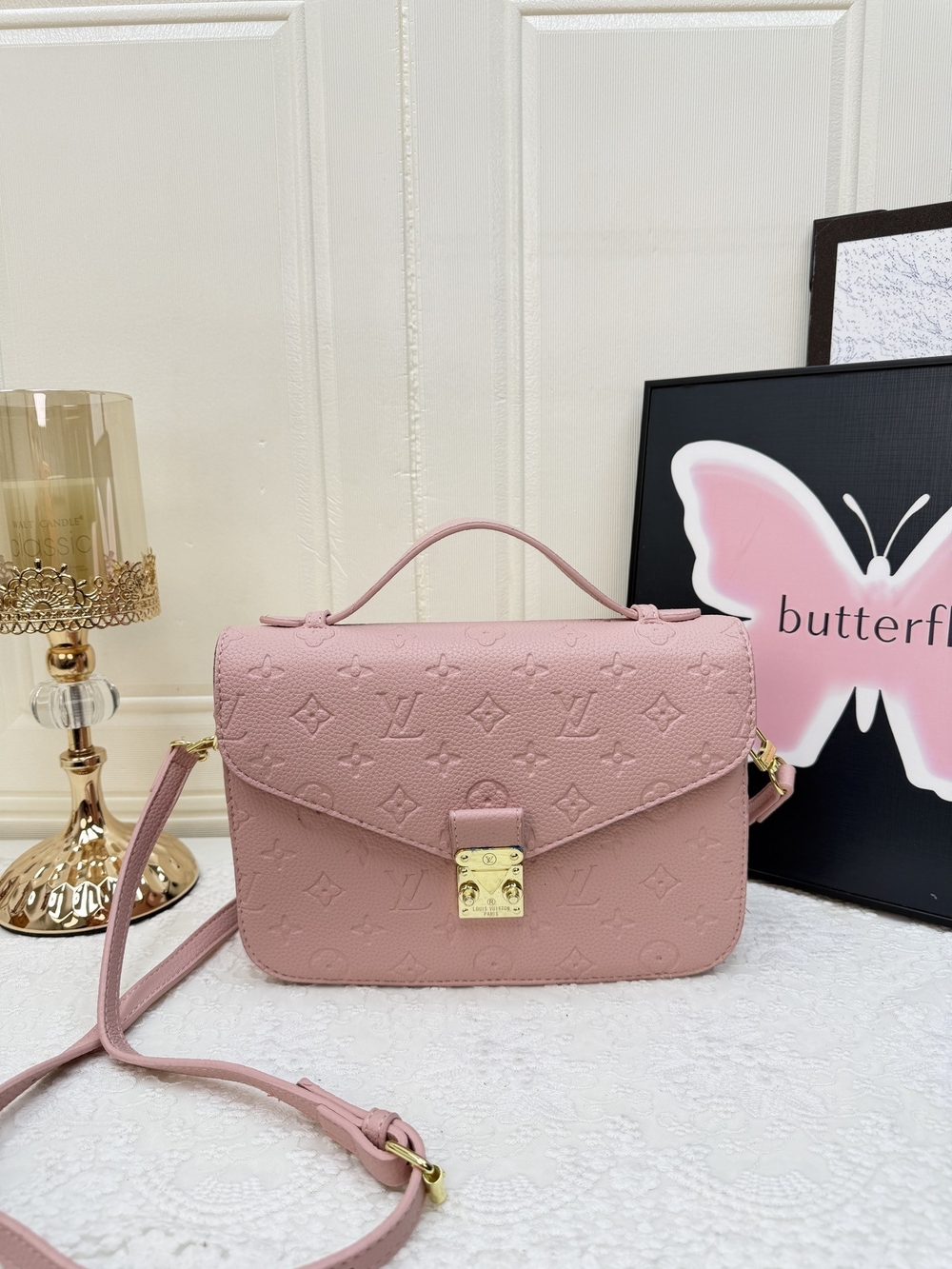 Blush Pink Embossed Crossbody Bag with Gold Hardware